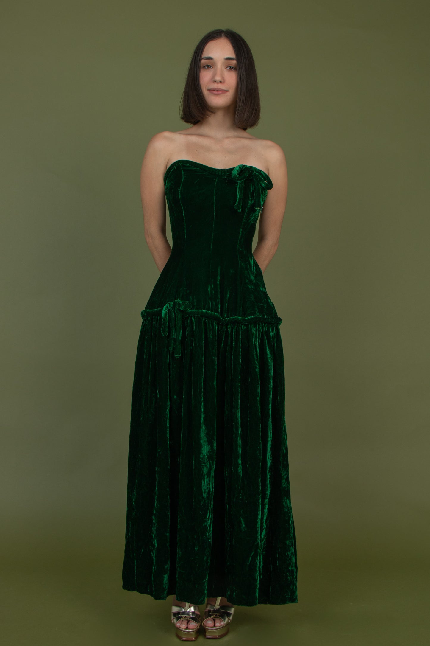 Green Velvet Strapless Gown